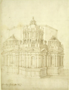 Design for proposed additions to an octagonal church. The structures project from the choir of a church, the choir being three sides of an octagon in the plan. The plans of each structure are halves of hexagons. The elevations show sockles, orders of imbedded Doric columns containing niches and being triangular pediments, balustrades from which obelisks rise in the lateral structure, upon which statues stand, in the center. Segments of lanterns and domes form the top parts, the central one being much higher and more elaborate than the lateral ones.