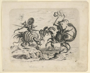 Two rat-like beasts, mounted on fantastic snail-shaped horses, joust. A wooded landscape in background.