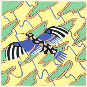 Design for the central portion of the scarf: design of yellow ground layered with blue curved lines and green splotches bordered with peach color; spotted peach, black, yellow, and blue exotic bird with wings open.