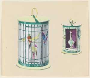 Image features design drawing for perfume packaging; on the left, cylindrical box as birdcage with colorful birds; on the right, the box with large rectangular opening reveling a perfume bottle.
