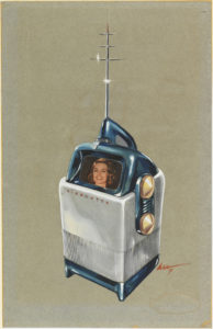 A depiction of a portable television set in lower half of sheet on blue-gray ground. Television has upright rectangular shape with a with white metal or plastic body with blue base, feet, and top. Two large conically shaped gold dials, one above the other on narrow upper right side. A pop-up screen, encased in blue metal or plastic, shows woman's face. Screen is surmounted by a streamlined handle from which projects a chrome antenae with three cross bars of graduated length from top to bottom. Light reflects off the antenae on the vertical stem and on the lowest of the three cross bars producing white star-like highlights.