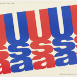 Printed text "usa" arranged vertically, repeating across white ground in a diagnal line, alternating between red and blue. Black printed text at upper left and lower right.
