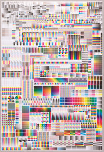 A Fanette Meillier 2008 poster titled Specimen. The front, fully saturated with color and technical elements related to printing (scale 1), is offset printed with a very thin raster. Thr space saturation, like an obsessive canvas, presents graphical tools that are a common vocabulary for books makers.