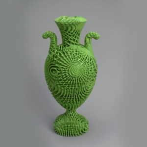 Image features tall, bright green symmetrical urn form of ovoid body with neck flaring into circular mouth, two angled handles at shoulder, and short circular foot. The nylon structure consisting of, rigid radiating and crossed strands that create both surface and interior patterns. Please scroll down to read the blog post about this object.
