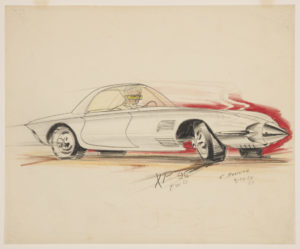 On white ground, a narrow, single-seated silver concept car, on four wheels, with futuristic pointed bumper reminiscent of a bullet, the wheels with protruding circular hubcaps, the cabin wrapped in yellow-toned glass, lines extending from the body of the car indicating speed and movement, the tires turned sharply to the right. Seated inside, the figure of a light-haired man wearing a green-glass eye-shield. At bottom, erased graphite elevation sketch of a similar missile-shaped automobile.