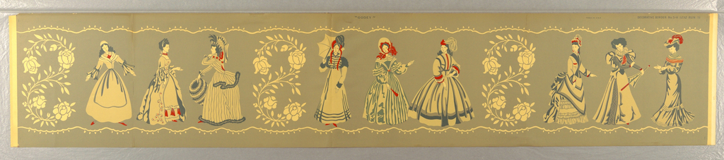 Image shows a wallpaper border with nine fashionably-dressed women spanning the 1700-1900 period. Please scroll down for more information on this border.