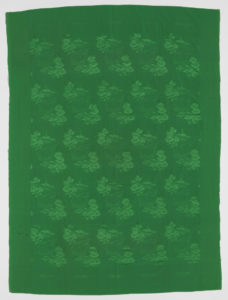 Image features: Bright green synthetic silk quilt cover with a monochrome damask design of a large torch resting on a mountain that represents Yan'an, the northern Shaanxi province town where Mao Zedong and followers regrouped at the end of the Long March. To the right of the torch are two blossoms (possibly hibiscus). The torch motif alternates with mountains topped by the Yan'an pagoda radiating a halo of light. Please scroll down to read the blog post about this object.