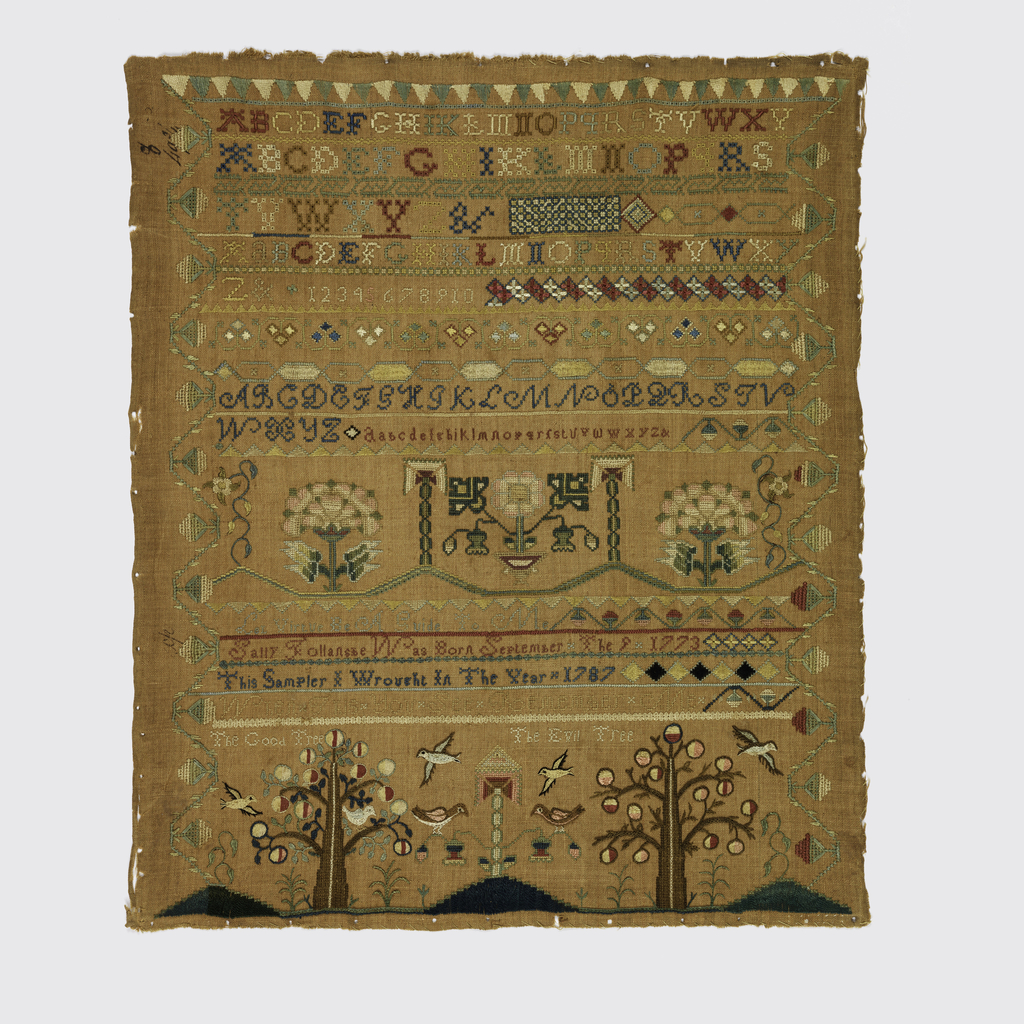 Image feature: Embroidered sampler with bands of alphabets and numerals, floral and geometric borders, and an inscription. At the bottom are two trees, one surrounded by birds, the other with birds flying away from it; the trees are identified as 'The Good Tree' and 'The Evil Tree'. The verse reads: Let Virtue be a Guide to Me When this you see Remember Me. Please scroll down to read the blog post about this object.