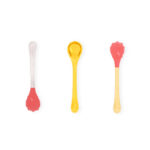 Five spoons with red bumpy bowls and brightly colored handles. AEIOU I Rear Bump series, from the Sensory Dessert Spoon collection, 2015–18; Jinhyun Jeon (South Korean, born 1981), Studio Jinhyun Jeon; Stainless steel, lacquered and/or 24-carat gold plated; Courtesy of Jinhyun Jeon. On view in the exhibition The Senses: Design Beyond Vision.
