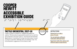 Image is a horizontal rectangle. Against a gray background, the words "Cooper Hewitt Accessible Content Design" appear at the upper left. An illustration of a hand operating a smartphone appears at upper right. A mock up of an exhibition label spans the bottom. A description of that label in detail follows: A unique project title and content number appears on each label in both braille and Latin text. An interactive display (which can be touch, heard, or smelled) is identified with a textured yellow band across the top. In braille, directional language indicates where the object is located relative to the label and what interaction is available. Instructions are also printed in braille. To access additional text about the object in text or audio format, visitors enter the content number in the Accessible Exhibition Guide.