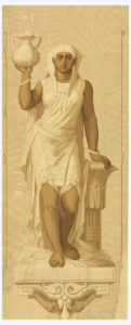 Images shows allegorical figure of Africa, a female figure dressed in Ancient Egyptian attire, printed in monochrome tan colors on a wood grained background. Please scroll down to continue reading about this object.