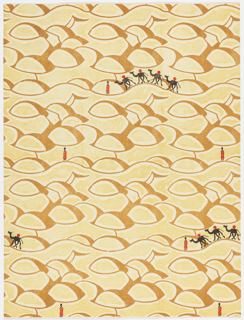 Image shows a stylized camel caravan crossing the desert. Please scroll down for a discussion of this image.