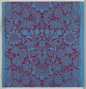 Image shows "Sunflower" pattern by William Morris. The design is printed in violet on a deep blue ground. Please scroll down for additional information on this paper.