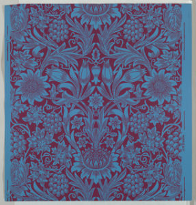 Image shows "Sunflower" pattern by William Morris. The design is printed in violet on a deep blue ground. Please scroll down for additional information on this paper.