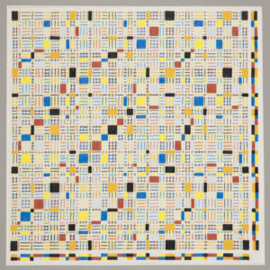 A square piece of paper drawn with an intricate abstract design of lined and solid squares and rectangles using colors such as orange, red, black, yellow, and blue.