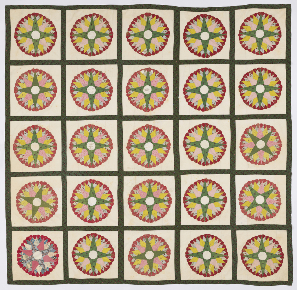 Image features: Small pieces of printed cotton in various colors patched to form a star medallion with scalloped outer edge. Each medallion set in white cotton about eighteen inches square. Twenty-five squares, each five by five inches, joined in a grid of strips of printed cotton, predominantly green. The center of each medallion plain white and several have handwritten inscriptions: "Our mother / The First to Cherish / The last to desert us. / Wm D. Jones / Frances L. Jones / May 11, 1845." "Made by Our Mother / Lucy Jones/ for / I.S. and M.P. Jones / 1845 / in her 64th year." "Our Parents / May the Evening of their / lives be as the morning sun / I.P. and M.E. Jones." Please scroll down to read the blog post about this object.