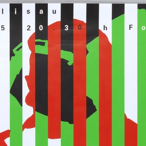 Image features a black and white striped poster. On the center of the poster, the black stripes are covered in the green outline of a man playing the saxophone and on the white stripes, the red outline of a man playing the tuba. Please scroll down to read the blog post about this object.
