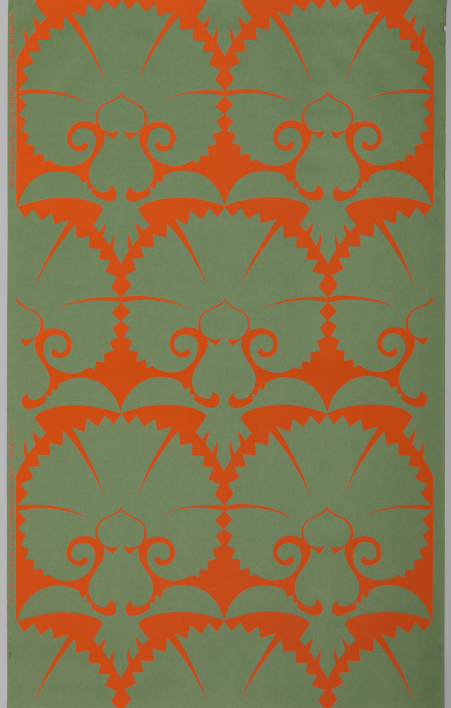 Image shows wallpaper with large-scale green carnations against a bright orange background. Please scroll down for more information on this design.
