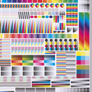 Image features a rectangular poster whose surface is covered with with strips of color gradients and printers marks organized into various shapes. Please scroll down to read the blog post about this object.