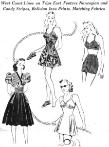 Black and white illustration of swimwear featuring a Bol-Inca fabric