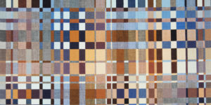 A detail of a woven textile designed by Richard Landis featuring a complex geometric design of interlocking squares and rectangles in blue, brown, grey, and beige, and light blue. Scroll down to learn more about our upcoming exhibitions.