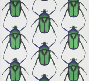 Image features a repeating pattern of greatly magnified rose chafer beetles printed in green and blue. Please scroll down for further information on this wallpaper.