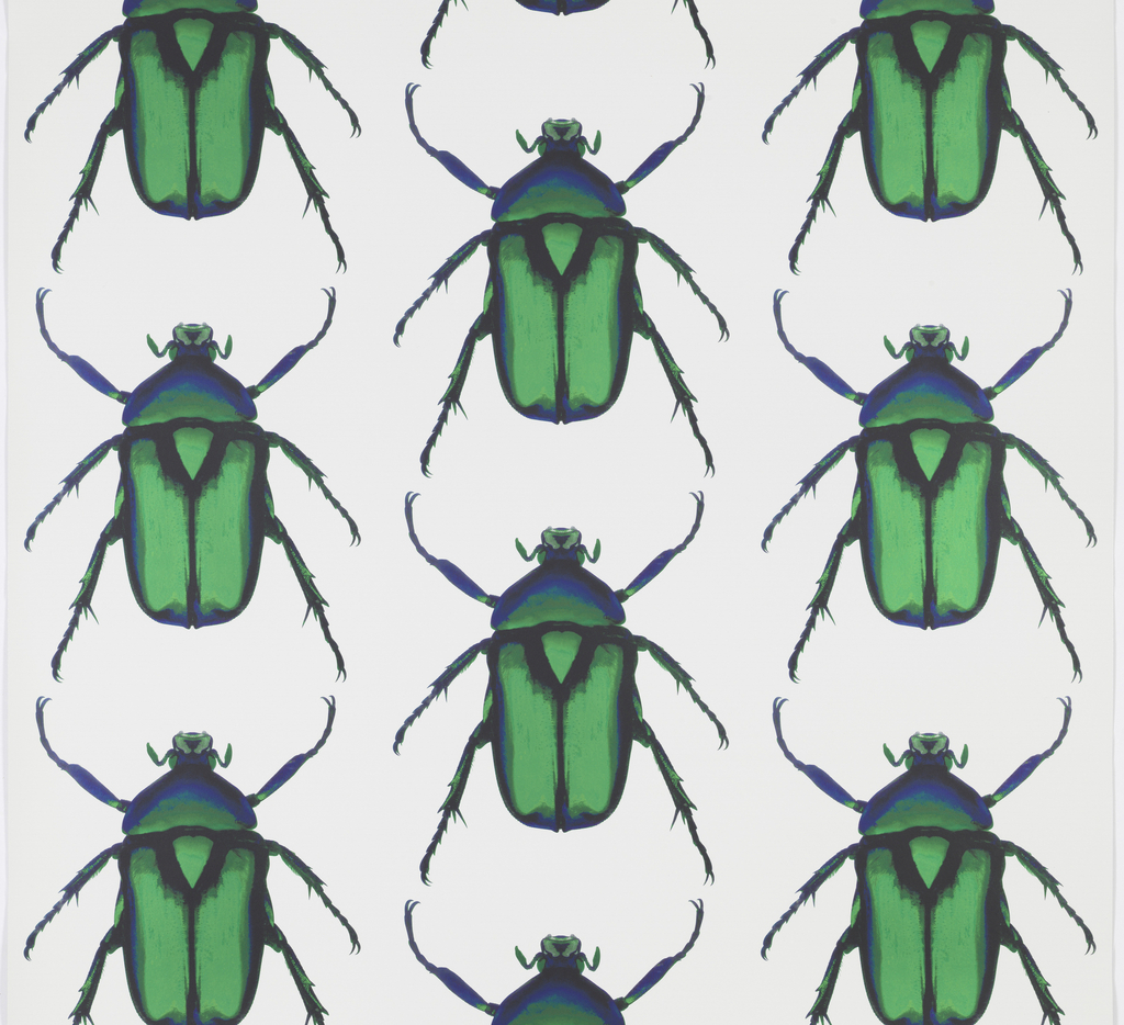 Image features a repeating pattern of greatly magnified rose chafer beetles printed in green and blue. Please scroll down for further information on this wallpaper.