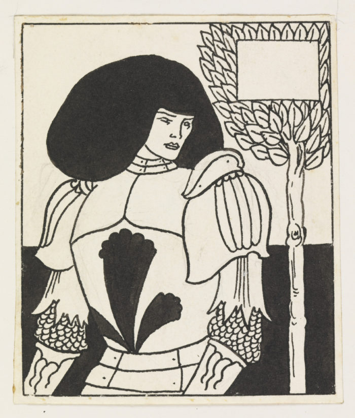 Image features a half-length figure of a knight in armor. The drawing appeared as an illustration in "Le Morte D'Arthur" (The Death of Arthur). Please scroll down to read the blog post about this object.