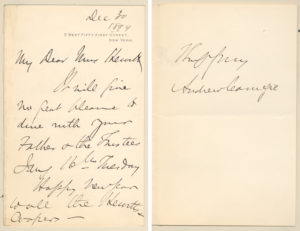 Composite image of two pages of a letter side by side. The page on the left contains nine lines of handwritten text, the date of "Dec. 30, 1899," and a typeset address "5 West Fifty-First Street, New York" at the top. The page on the right contains two lines of text: a greeting and the signature of Andrew Carnegie.