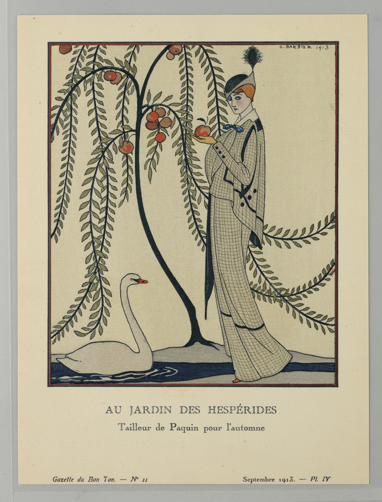 Image features a woman standing next to a tree blooming with golden apples and a pond with a white swan. Holding a fruit in her hand, the woman is pictured from the side wearing a checked day dress, matching cape, and feather plumed hat. Please scroll down to read the blog post about this object.