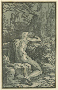 Image features nude man, seated, seen from behind, rendered in green and black ink. Please scroll down to read the blog post about this object.