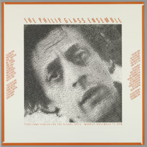 Image features a cream colored poster with an orange border and text, in the middle of which is a diagonally oriented black and white photograph of Philip Glass made up of tiny typographical symbols and letters. Please scroll down to read the blog post about this object.