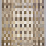 Small rectangular weaving with an abstract geometric design executed in greens, tans, browns, and taupes.