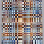 Rectangular weaving with a grid-like pattern of small squares and rectangles in shades of black, white, gray, blue, rust, and ochre.