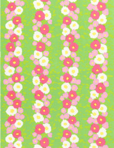 Image features a floral stripe wallpaper brightly colored in pinks and greens. Please scroll down to read the blog about this wallpaper.