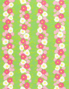 Image shows a floral stripe wallpaper design printed in very bright colors. Please scroll down for a further description of this wallpaper.