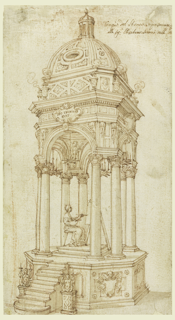 Pen and brown ink drawing of a woman seated on an octagonal platform, painting at an easel. She is encircled by eight columns supporting a cupola above.