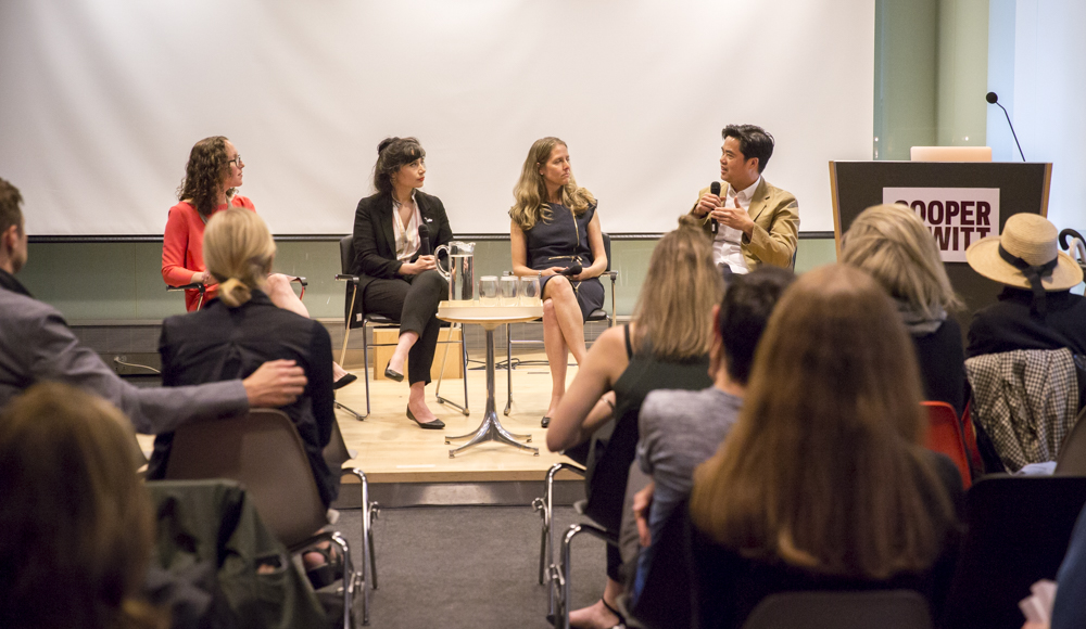 Image of a panel discussion at Cooper Hewitt, 4 people from left to right: Emily Orr, Assistant Curator of Modern and Contemproary Design at Cooper Hewitt; Brittany Cox, Antiquarian Horologist at Memoria Technica; Lana Sutherland, CEO at Tealeaves;and Albert Shum, CVP of Design at Microsoft.