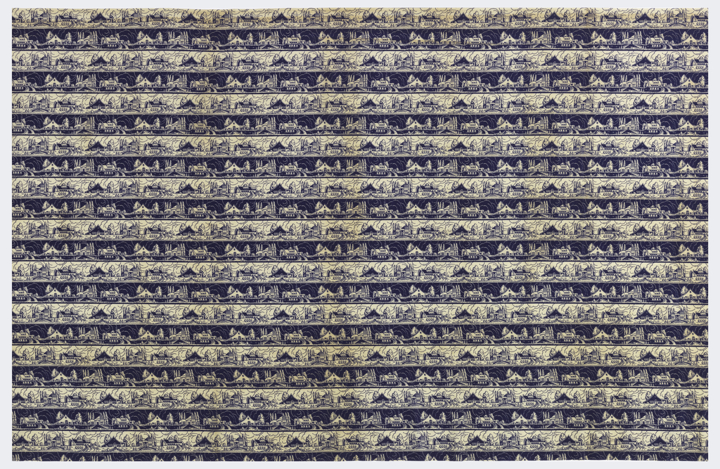 Image features: Dress-weight plain weave cotton fabric printed in blue on a white ground. The overall pattern layout is an even horizontal stripe. In each band a suburban street is depicted, with houses in three different styles of architecture, one very modern. The pattern appears in positive (blue on white) and negative (white on blue) to form the stripe effect. Please scroll down to read the blog post about this object.