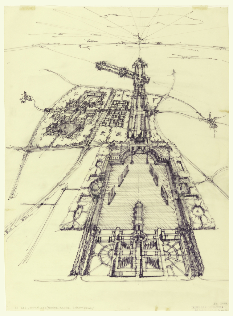 Image features an aerial perspective of a of the Palace of Versailles and a rectangular housing at the upper left, adjacent to the Palace Grounds. Please scroll down to read the blog post about this object.