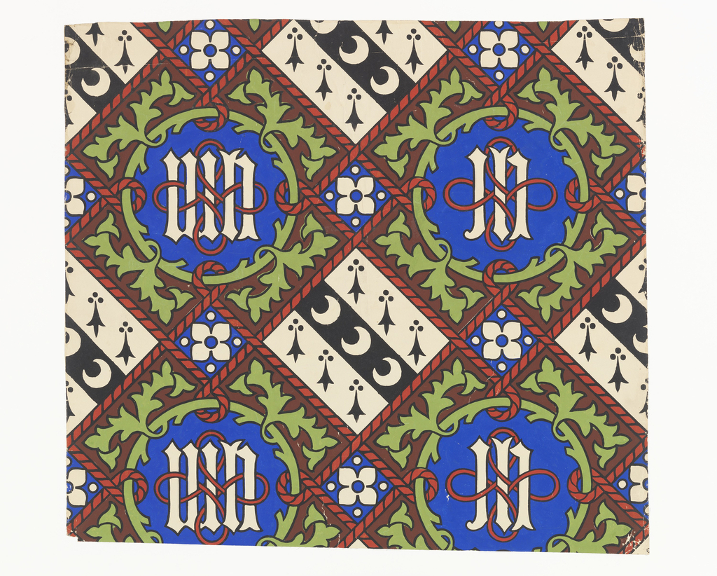 Image features a custom wallpaper by A.W.N. Pugin which contains his clients monograms along with crescents and ermine tails. Please scroll down to read the blog post about this wallpaper.