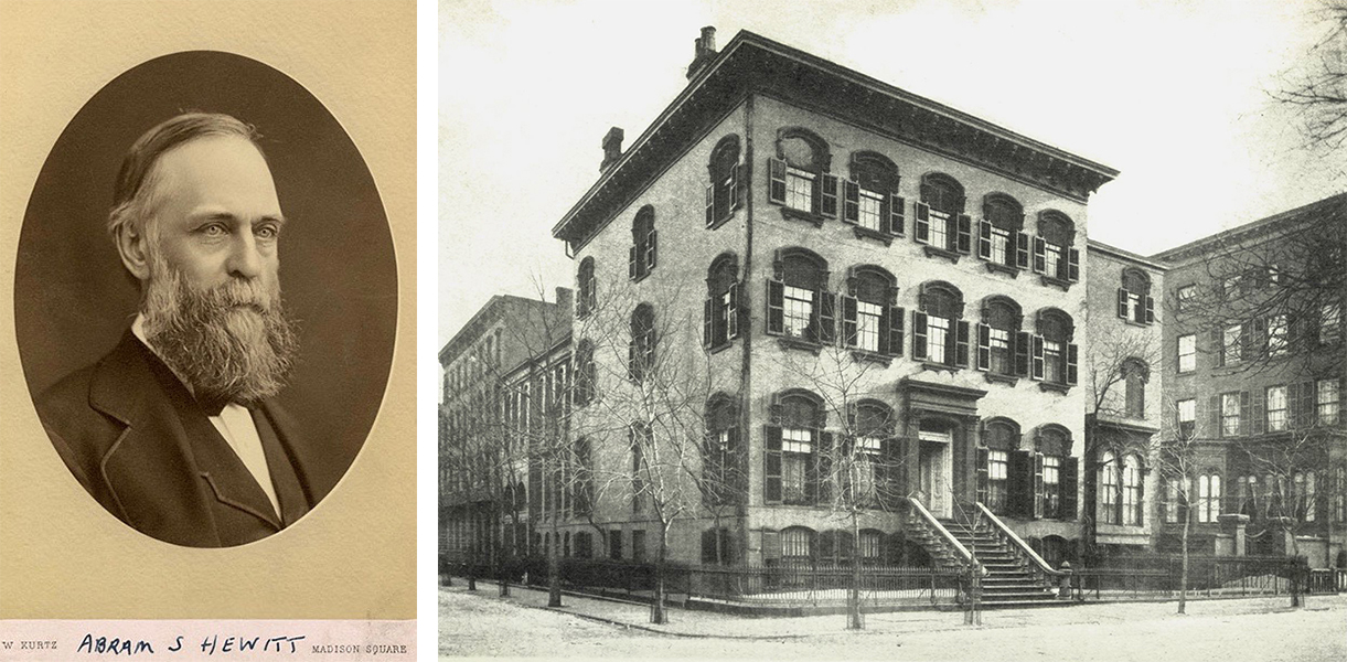 Composite image of two photographs. On the left, the vertical portrait of a man, pictured from the chest up in three-quarter view, looking to the right of the viewer. He has short, neat hair and a long gray beard. He is wearing a three-piece suit and a bow tie. The portrait is framed in an oval. The photograph of the right is of a three-story house on a corner in New York City. A large staircase leads from the street to the first floor, and there are many windows across its many facades. The trees lining the sidewalk in front of it are bare, as it is winter.