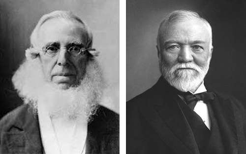 Composite image of two photographs. The left, a portrait of Peter Cooper. He is an older man with small glasses and a bushy white beard. He is pictured from the chest up, facing forward, and looking directly into the camera. On the right is a portrait of Andrew Carnegie. Also an older man, Carnegie has white hair and a white, groomed beard and mustache. He wears a three-piece black suit and a bow tie. He is pictured from the chest up, turned in three-quarter view, looking at the viewer.