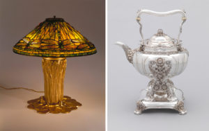 Composite image of two photographs. On the left, a lamp with a conical shade of amber and green stained glass with dragonflies around the sides, on a gilded base shaped as tall grass surrounded by lily pads. On the right, a kettle of squat globular form with reeding, wavy rim, squared curved handle with ivory insulators, spout with chrysanthemums and foliage; domed and reeded lid with flower bud knop. Stand with vertical elements heavily decorated with chrysanthemums and leaves, on square base with burner and four foliate feet.