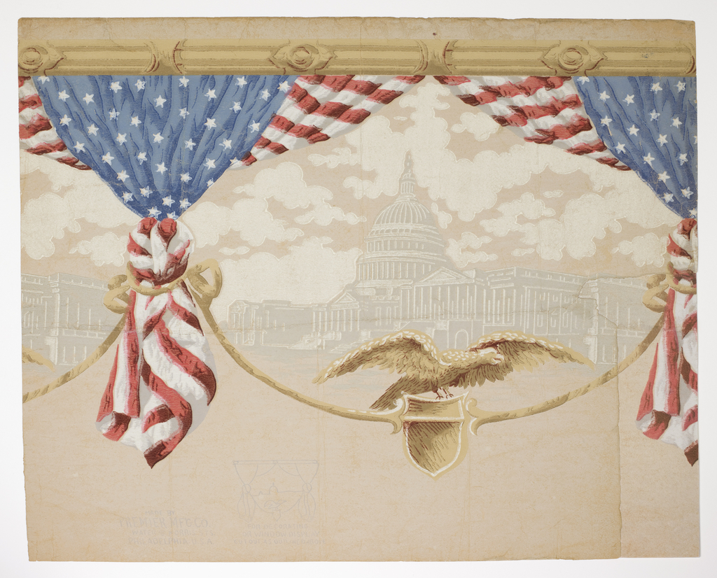 Image features wallpaper border with stars and stripes-patterned bunting enframing the Federal Capital Building, with an eagle perched below. Please scroll down to read the blog post about this object.