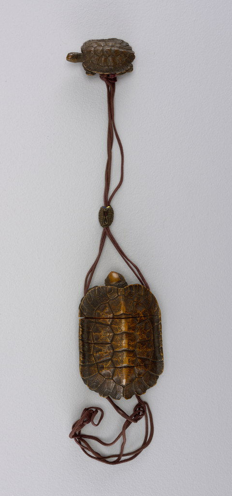 Image features Inrō (container) in form of a turtle, with tail and feet drawn in and head partially extended. Divided into four horizontal compartments fitted into each other and lacquered black on inside. Strung on brown silk cord with turtle-shaped Ojime 1952-164-24 and Netsuke 1952-164-25. Please scroll down to read the blog post about this object.