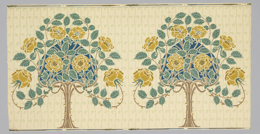 Image features a wallpaper border with a rose bush motif. Please scroll down for to read the blog post about this wallpaper.