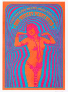 Poster featuring psychedelic image of a partially nude woman in orange and pink wearing Eastern garb with blue and pink concentric outlines. Printed in orange text, within lines at upper center: *SAN FRANCISCO*, *Jan 10 TUES-Jan 15, SUN* MATRIX * FILLMORE NEAR COMBARD * 567-0118 * THE MILLER BLUES BAND * Orange Framing Line