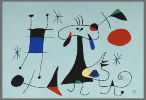The image features a mural miniature by Joan Miro called "El Sol" or the Sun. Please scroll down for a further discussion of this wallpaper mural.