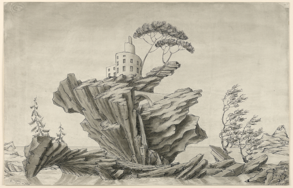 Image features a drawing of a nautilus-shaped house situated in a fantastic landscape of rocky cliffs. Please scroll down to to read the blog post about this object.